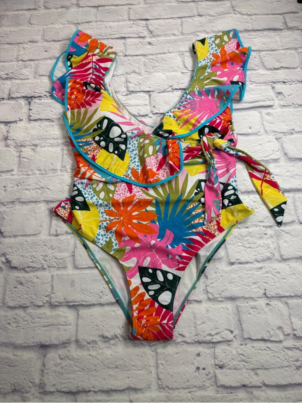 Tropical One-Piece Swimsuit with Ruffle & Side Tie - Multicolor. Size XL.